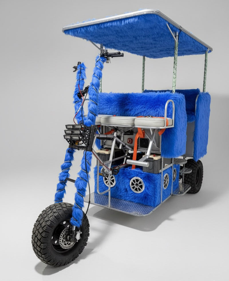 Xion custom project vehicle with blue faux-fur canopy and seats
