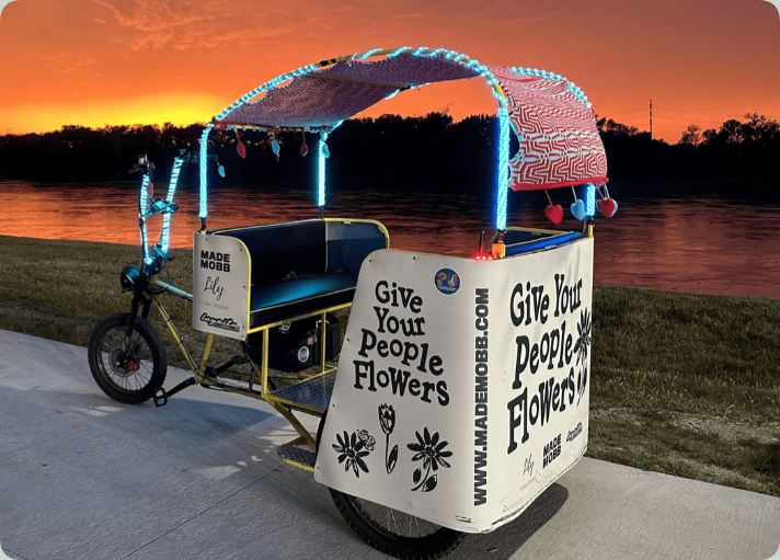EZ Pedicabs Xion electric pedicab at sunset in Kansas City